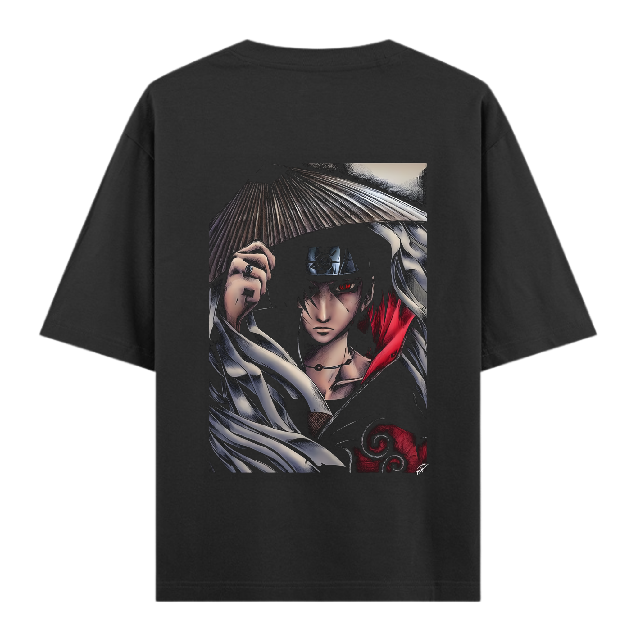 Oversized black t-shirt with a detailed back print of Itachi Uchiha from Naruto, featuring his Sharingan eyes and Akatsuki cloak