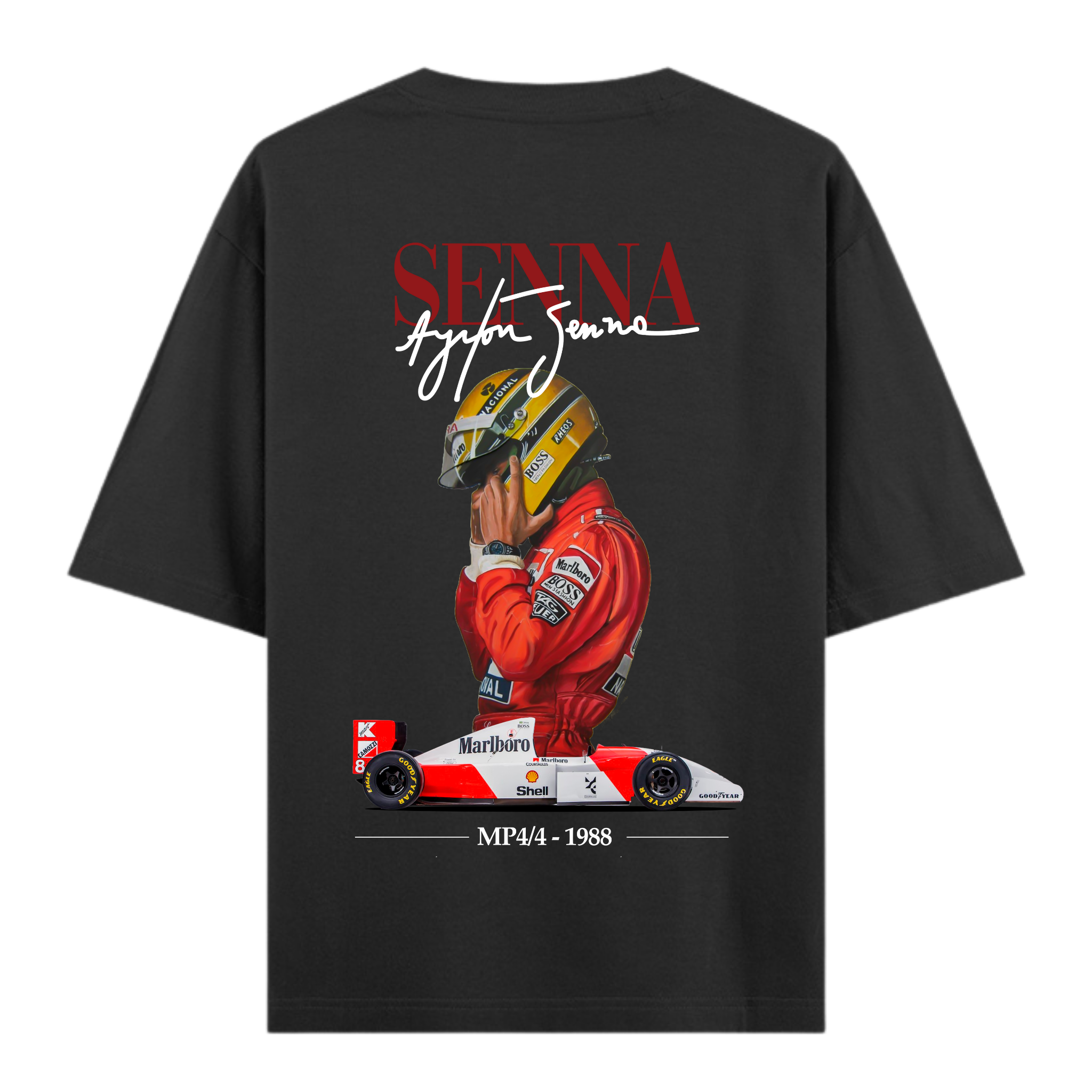 Back of an oversized t-shirt featuring a tribute design to Ayrton Senna with his 1988 McLaren MP4/4 F1 car