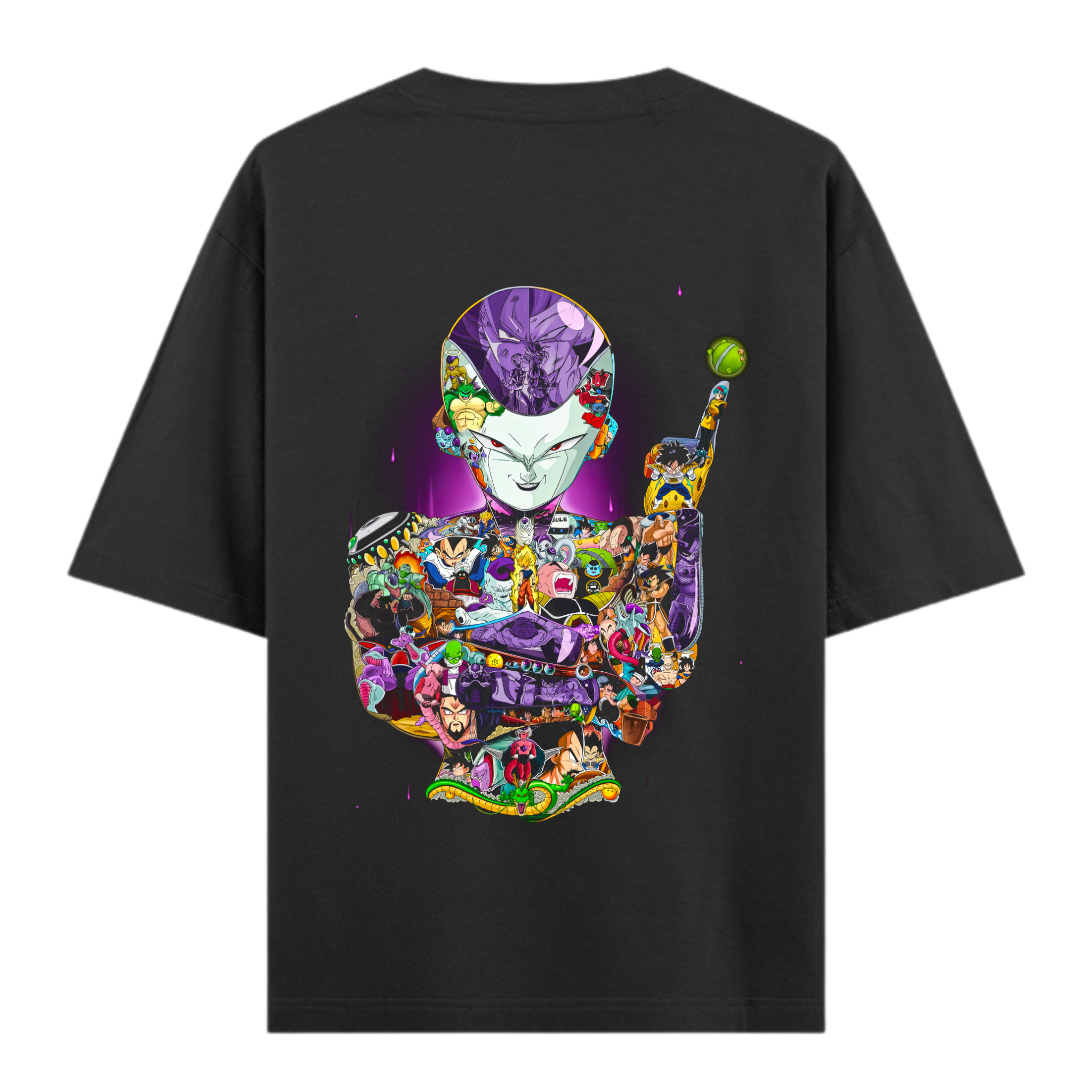 Frieza silhouette on a black anime tee, made from a collage of Dragon Ball Z heroes and villains from the Frieza Saga