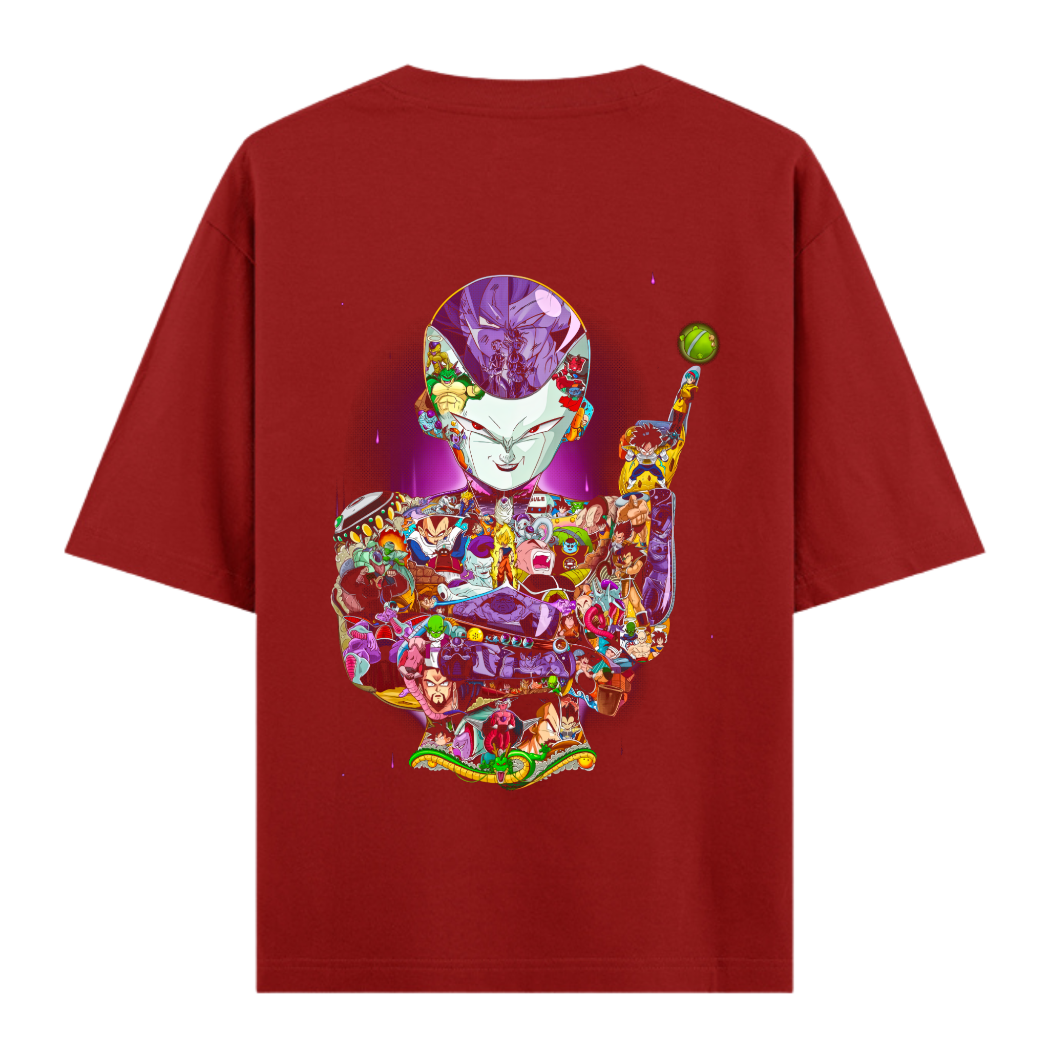 Frieza silhouette on a red anime tee, made from a collage of Dragon Ball Z heroes and villains from the Frieza Saga