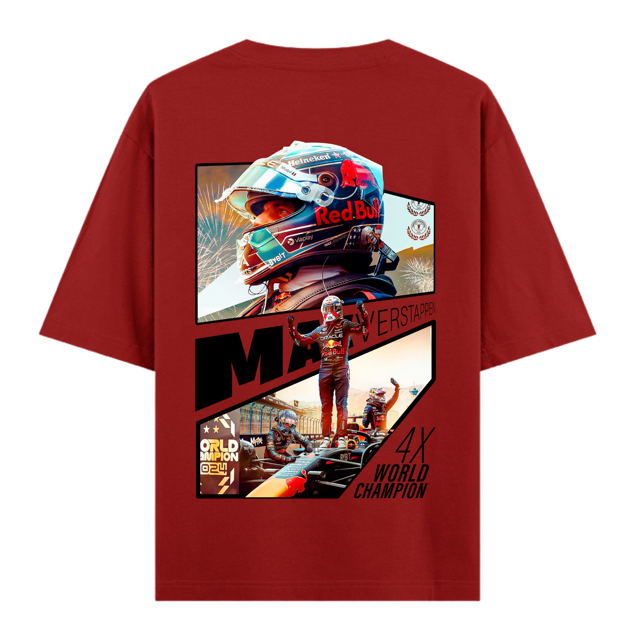 Max Verstappen 4X World Champion graphic from his 2024 season printed on an oversized F1 t-shirt