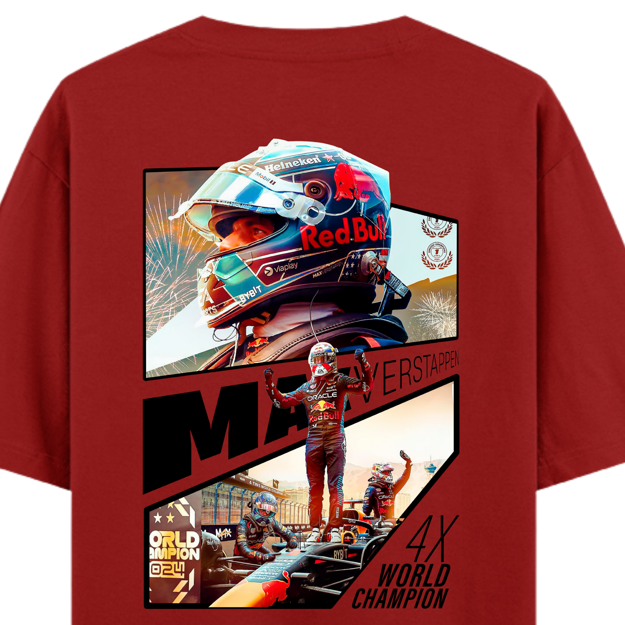 Max Verstappen 4X World Champion graphic from his 2024 season printed on an oversized F1 t-shirt