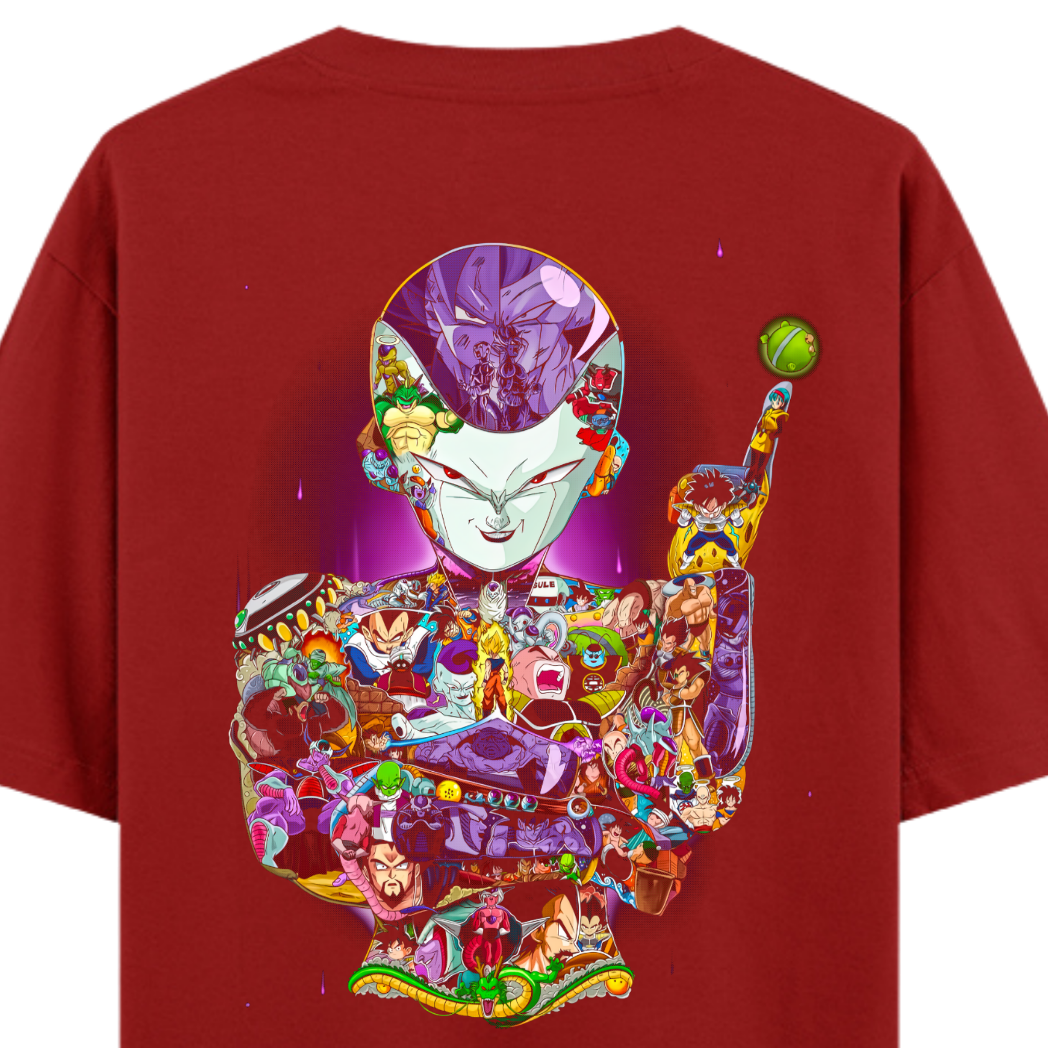 Frieza silhouette on a red anime tee, made from a collage of Dragon Ball Z heroes and villains from the Frieza Saga