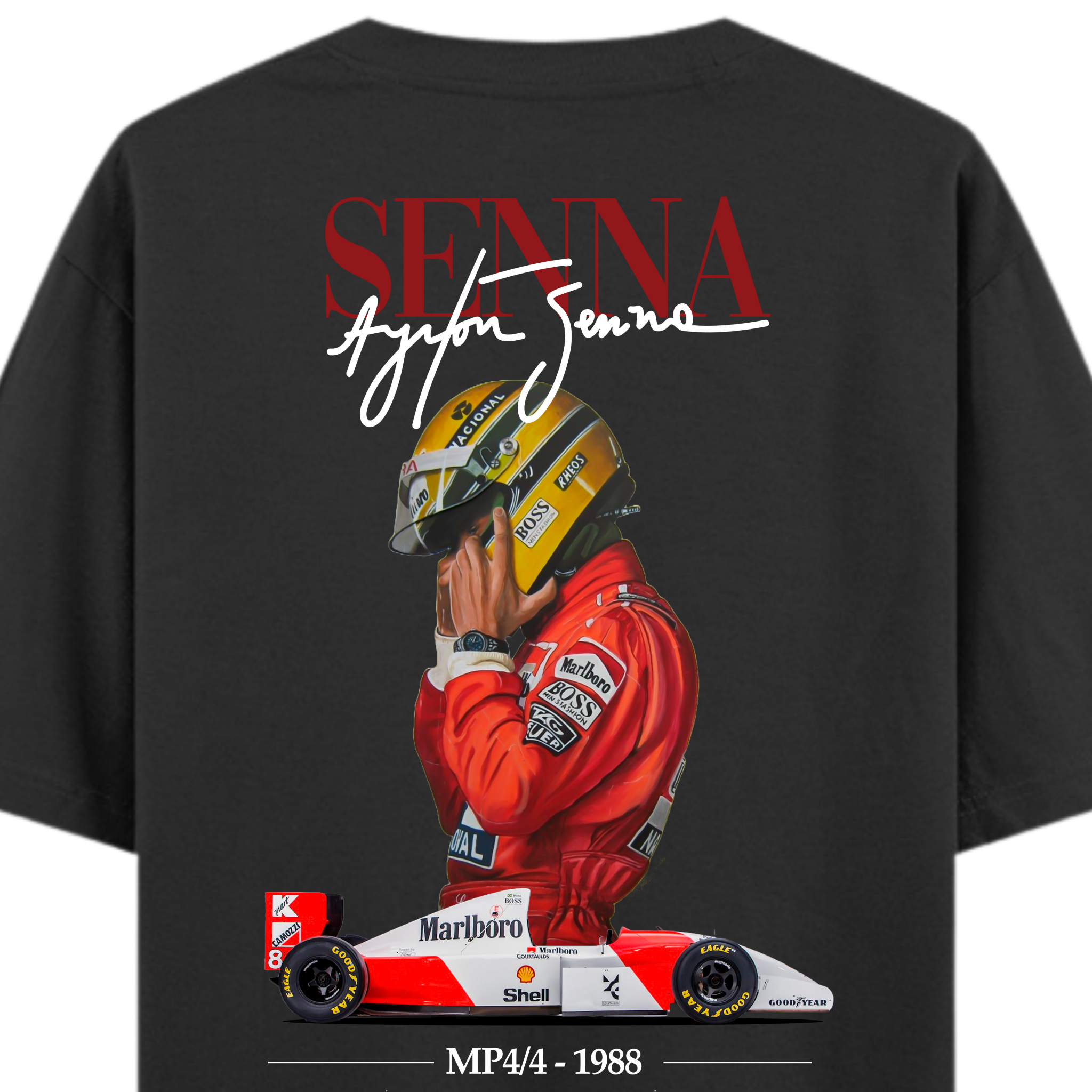 Back of an oversized t-shirt featuring a tribute design to Ayrton Senna with his 1988 McLaren MP4/4 F1 car