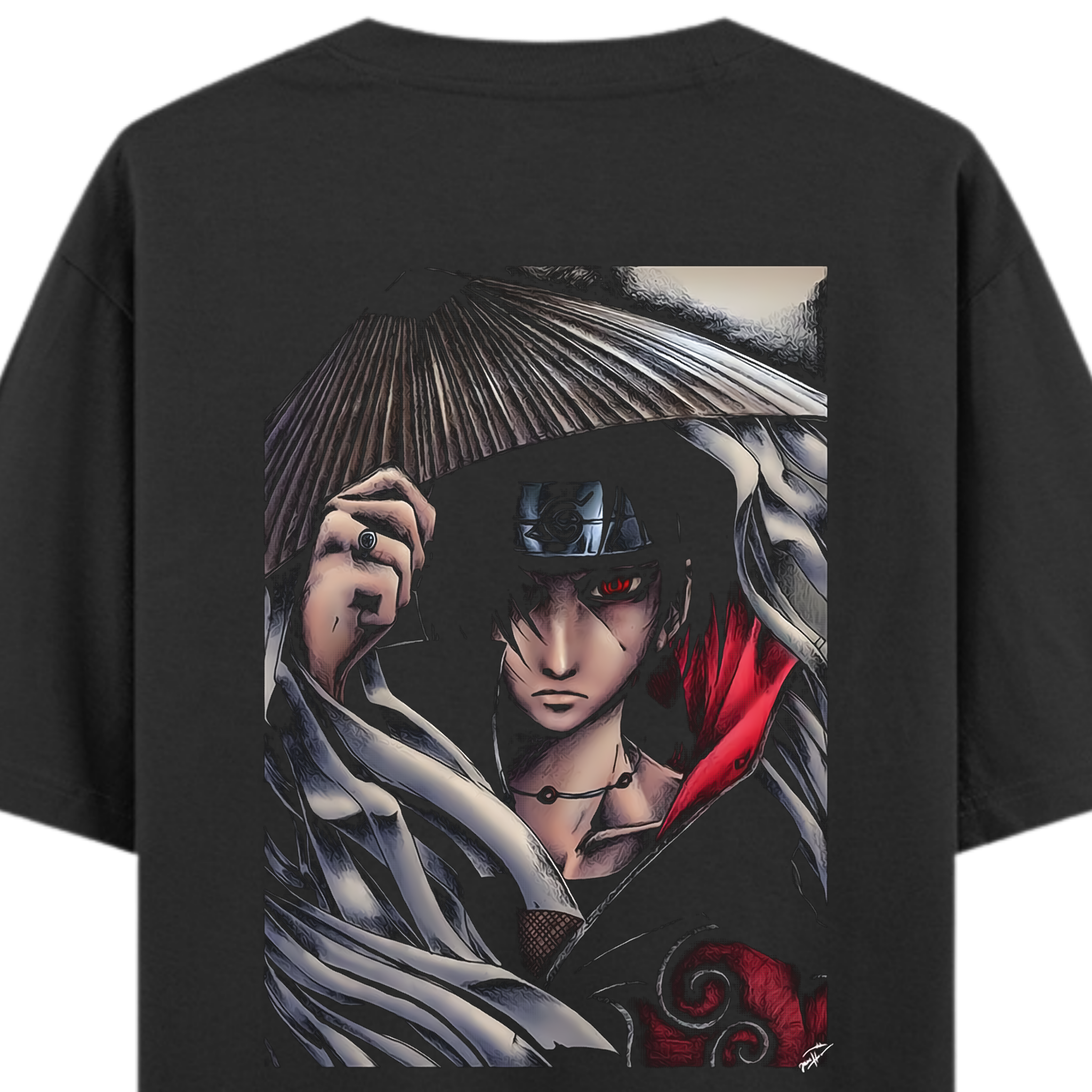 Oversized black t-shirt with a detailed back print of Itachi Uchiha from Naruto, featuring his Sharingan eyes and Akatsuki cloak