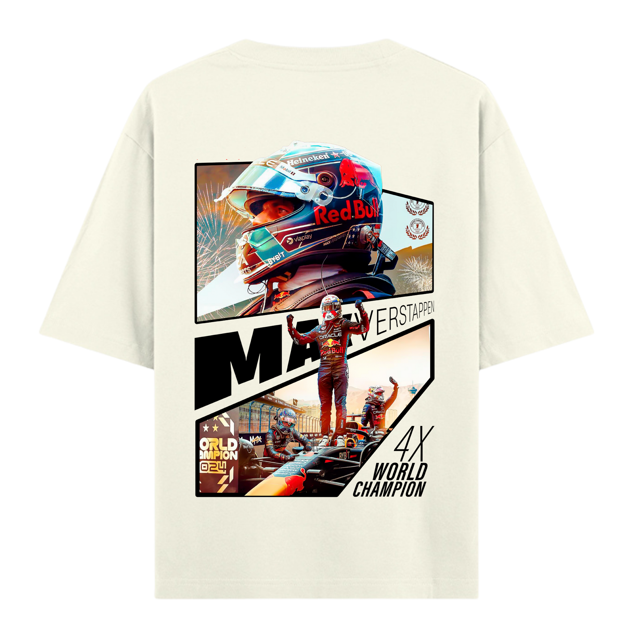 Max Verstappen 4X World Champion graphic from his 2024 season printed on an oversized F1 t-shirt