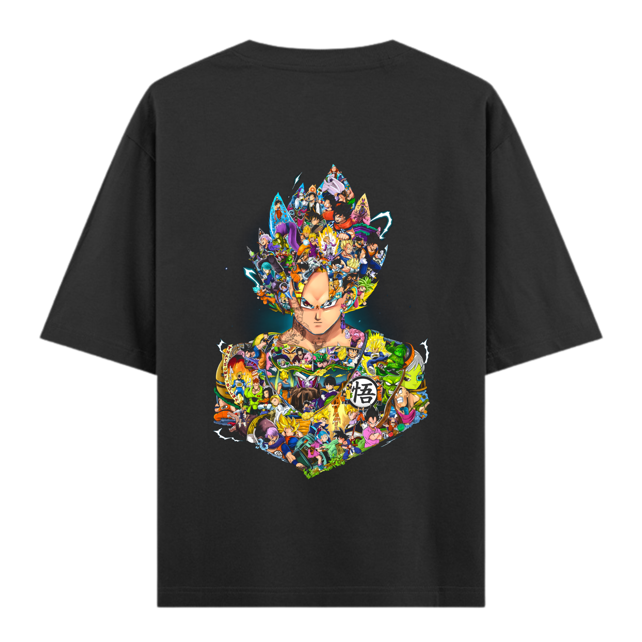 Goku collage t-shirt from Dragon Ball Z. Black oversized anime tee featuring Super Saiyan and Z-Fighter art