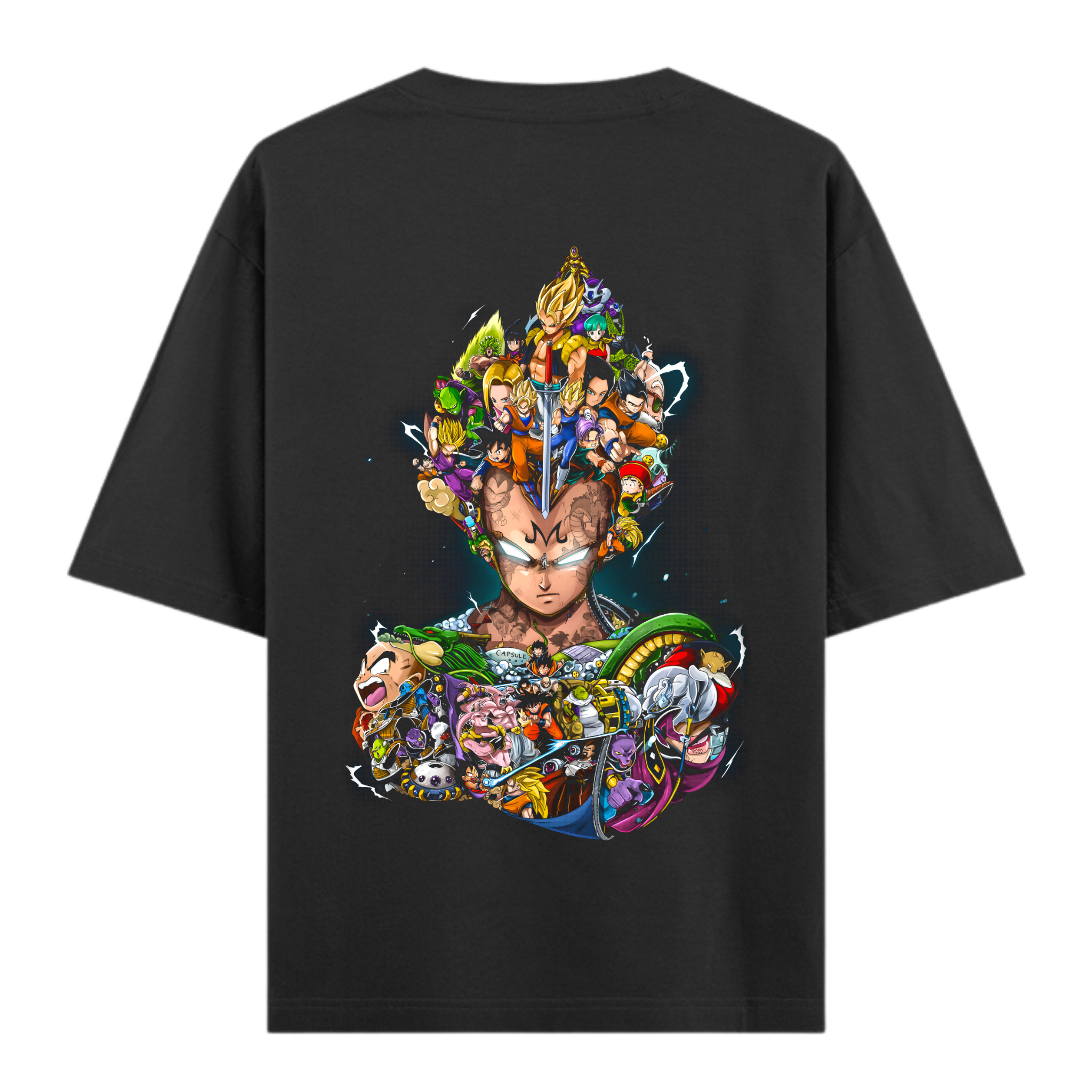 Majin Vegeta, Prince of Saiyans, in a collage of DBZ characters on the back of an oversized black anime t-shirt.