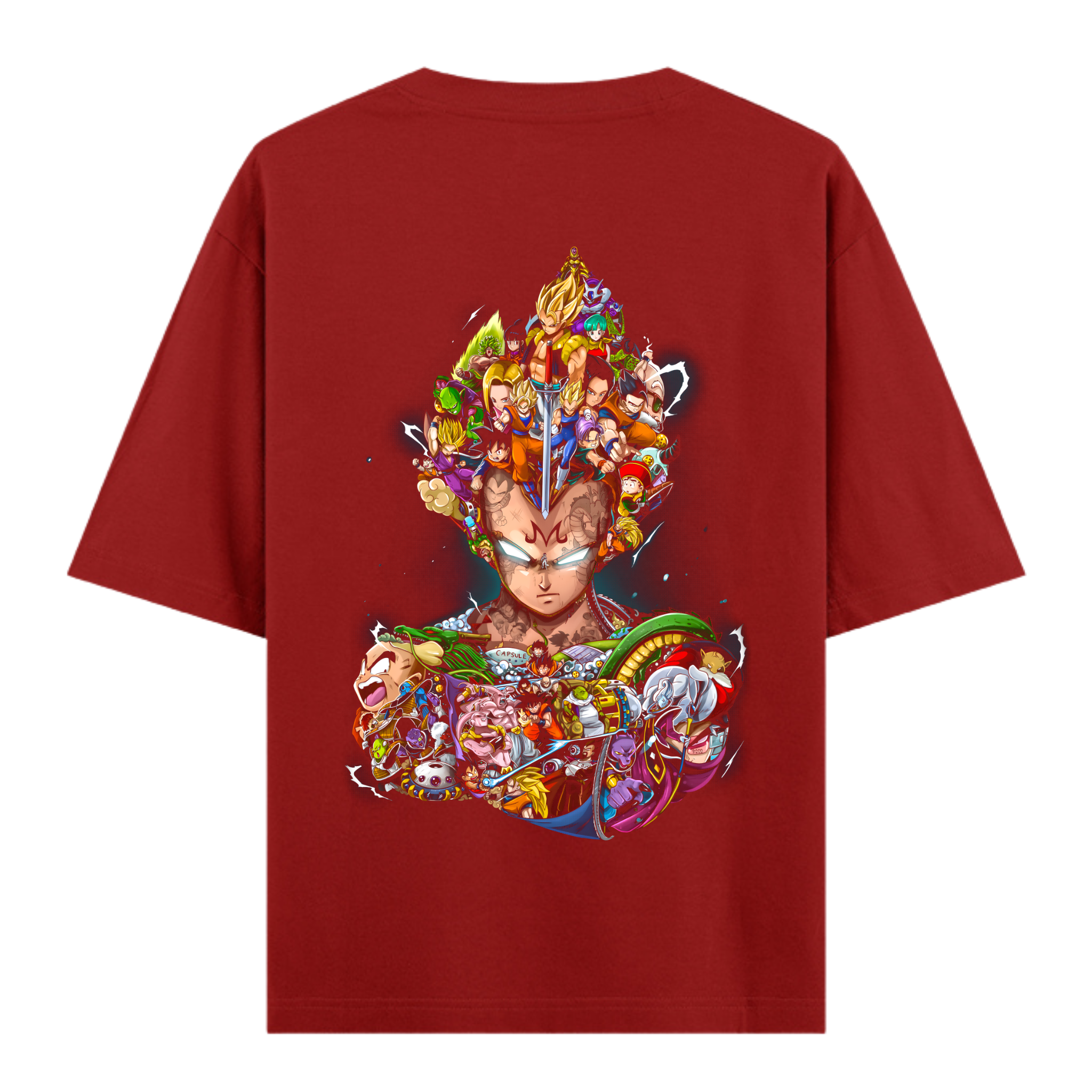 Majin Vegeta, Prince of Saiyans, in a collage of DBZ characters on the back of an oversized red anime t-shirt