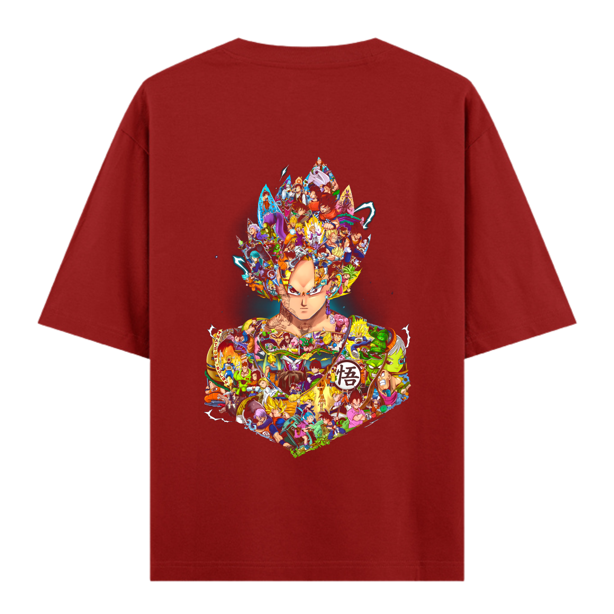 Goku collage t-shirt from Dragon Ball Z. Red oversized anime tee featuring Super Saiyan and Z-Fighter art
