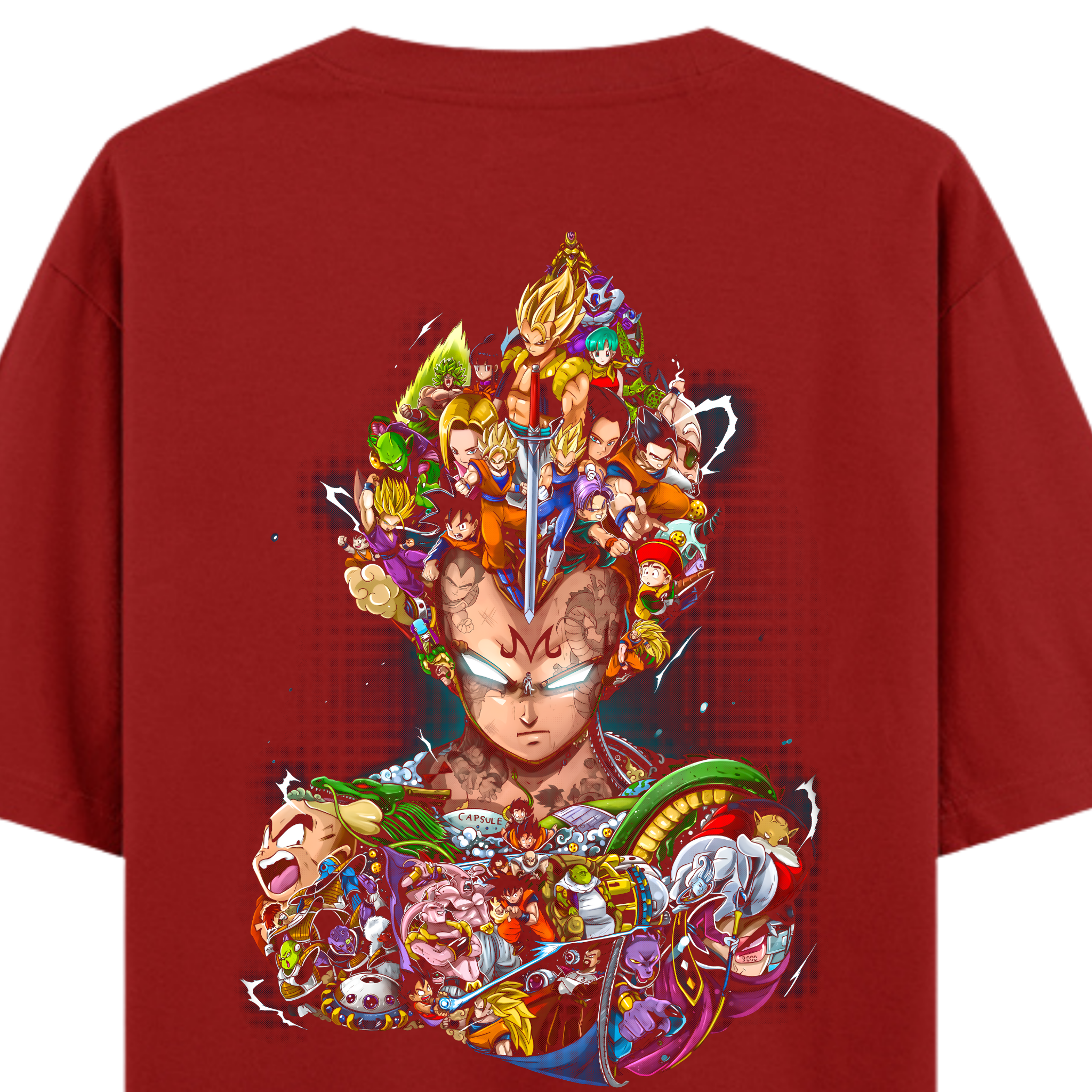 Majin Vegeta, Prince of Saiyans, in a collage of DBZ characters on the back of an oversized red anime t-shirt