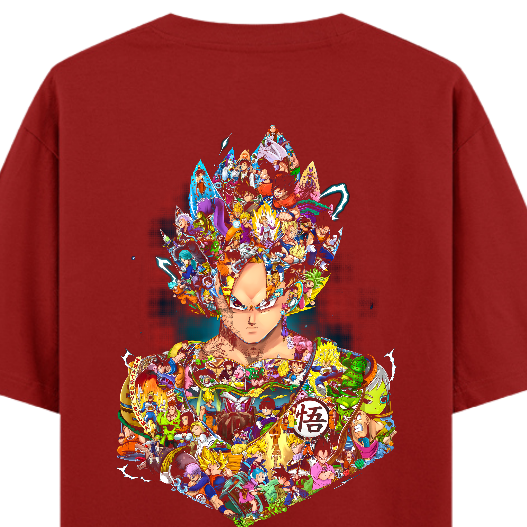Goku collage t-shirt from Dragon Ball Z. Red oversized anime tee featuring Super Saiyan and Z-Fighter art